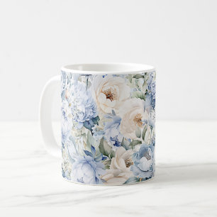 Mug Aquarelle Bleu Poussiéreux Fleurs Ivoire Feuilles 