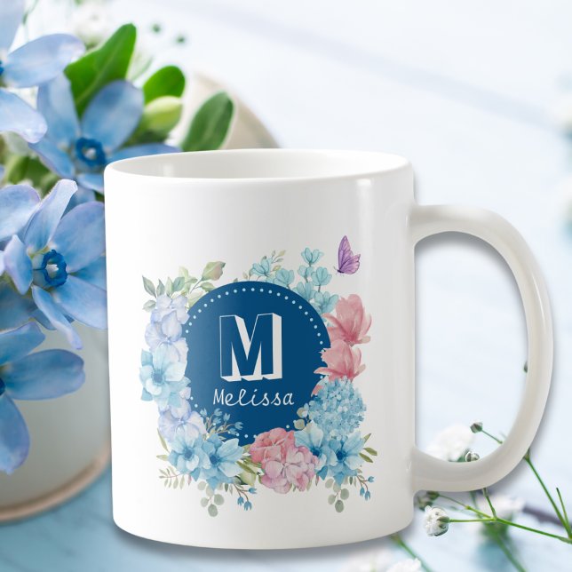 Mug Aquarelle bleu violet moderne brillant Floral (Créateur téléchargé)