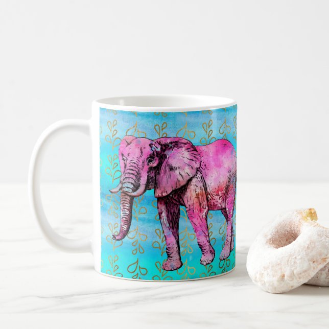 Mug Aquarelle bleue moderne d'éléphant rose à la mode (Avec donut)