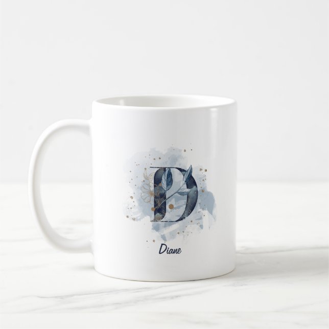 Mug Aquarelle bleue Nom personnalisé Lettre D initiale (Gauche)