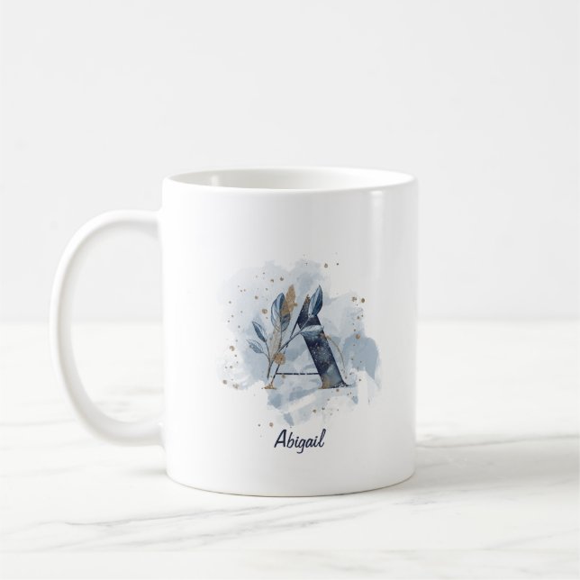 Mug Aquarelle bleue Nom personnalisé Lettre initiale A (Gauche)