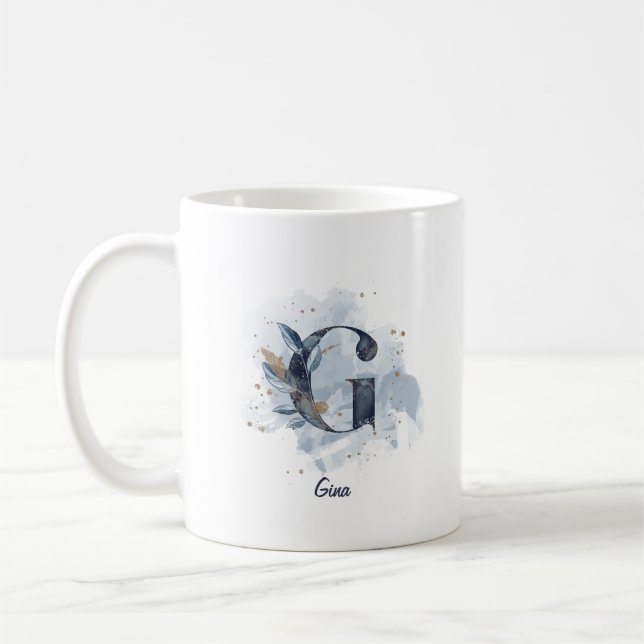 Mug Aquarelle bleue Nom personnalisé Lettre initiale G (Gauche)