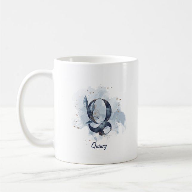 Mug Aquarelle bleue Nom personnalisé Lettre initiale Q (Gauche)