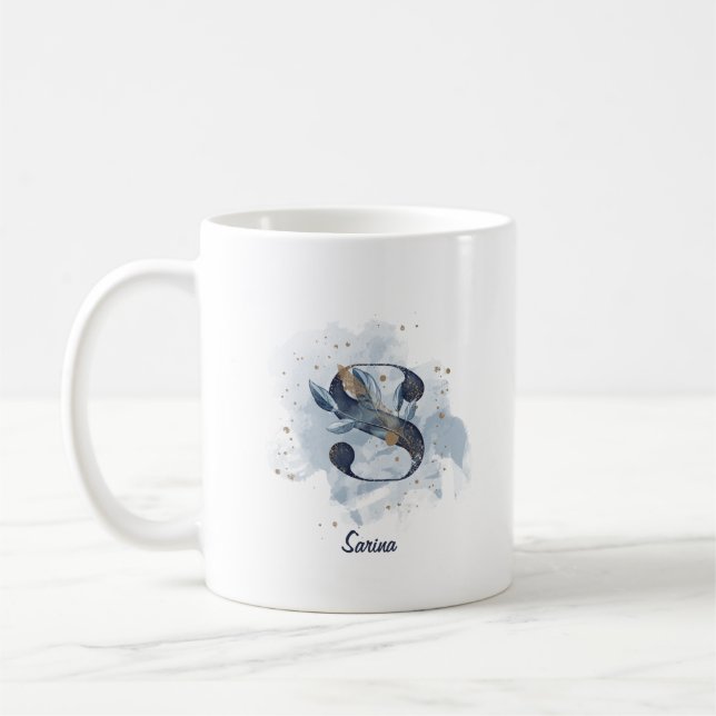 Mug Aquarelle bleue Nom personnalisé Lettre initiale S (Gauche)