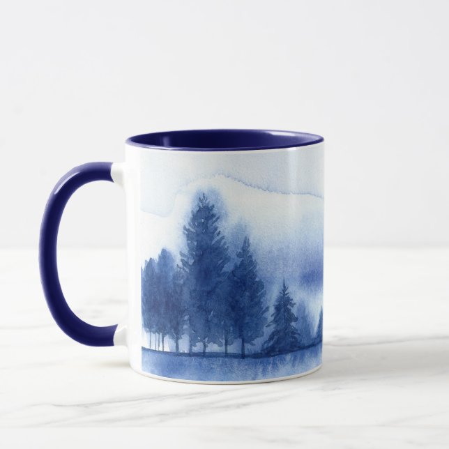 Mug Aquarelle bleue Pine Arbres avec intérieur bleu (Gauche)