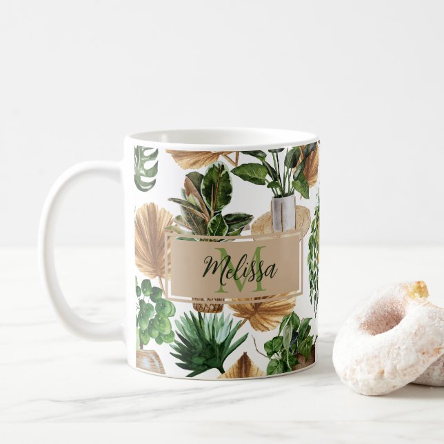 Mug Aquarelle Boho Intérieur Maison Plantes Nom Monogr (Avec donut)