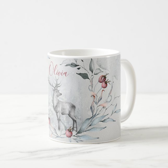 Mug Aquarelle Bois Cerf dans la couronne de Noël (Devant droit)