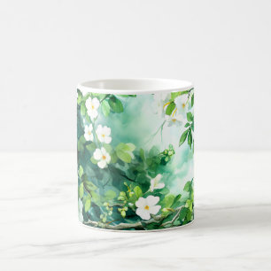 Mug Aquarelle botanique Fleurs blanches Feuilles verte