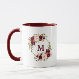 Mug Aquarelle Bourgogne Floral Gold Circle Monogramme 