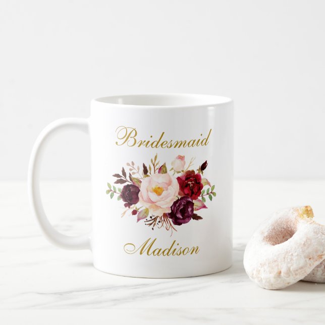 Mug Aquarelle Bourgogne Floral Or Nom Demoiselle D'Hon (Avec donut)