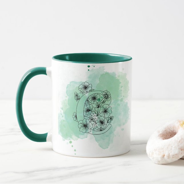 Mug Aquarelle C initiale Monogramme Botanique vert (Avec donut)