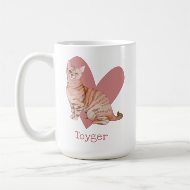 Mug Aquarelle Chat Toyger Kitty Coeur rose (Gauche)