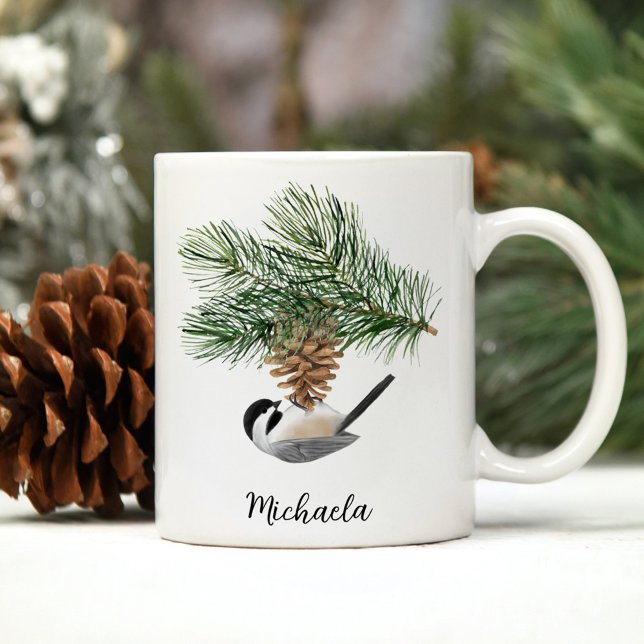 Mug Aquarelle Chickadee d'hiver sur le cône de pin (Créateur téléchargé)
