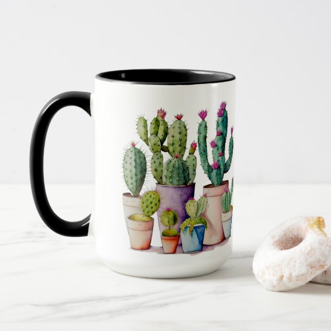Mug Aquarelle classique cactus succulents dans les pot (Avec donut)