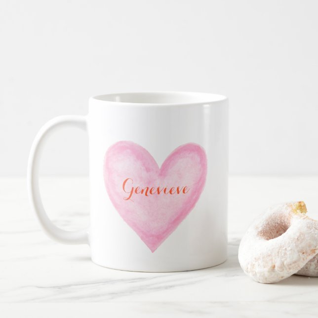 Mug Aquarelle Coeur rose avec nom personnalisé mignon (Avec donut)