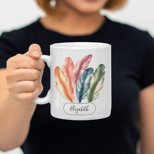 Mug Aquarelle colorée Plumes Noir Nom du script
