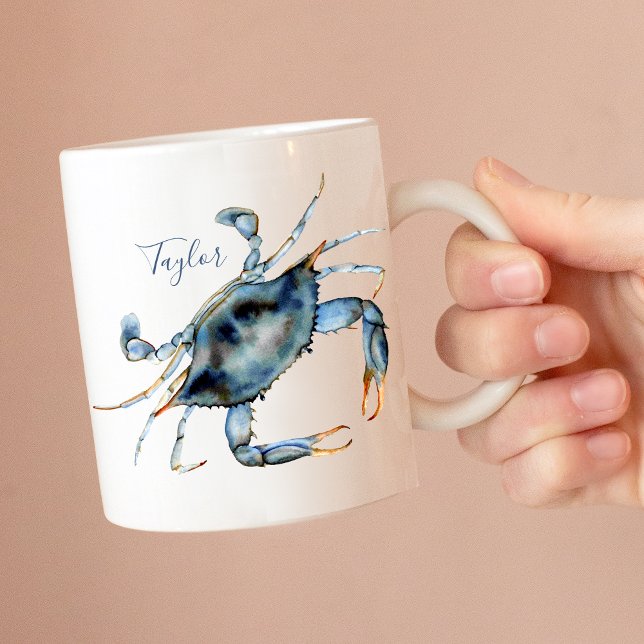Mug Aquarelle côtière personnalisée Crabe bleu (Créateur téléchargé)