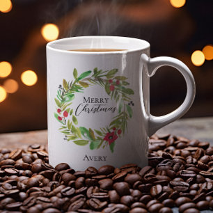 Mug Aquarelle couronne Joyeux Noël personnalisé