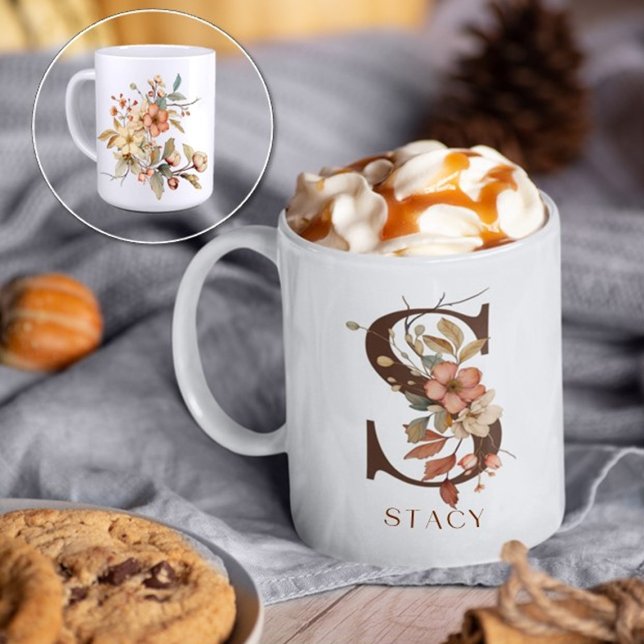 Mug Aquarelle d'automne Monogramme floral initial S (Créateur téléchargé)