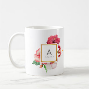 Mug Aquarelle de fille, hibiscus TROPICAL Monogramme