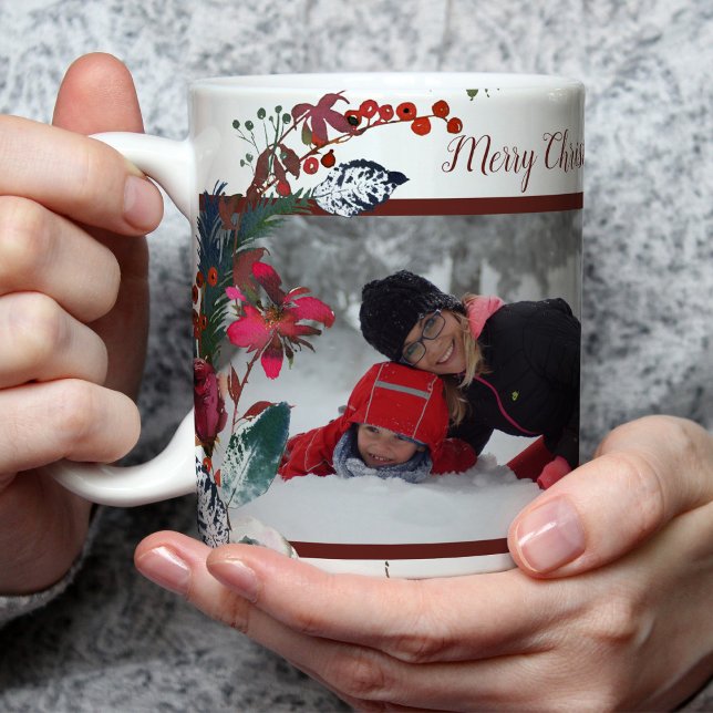 Mug Aquarelle de Noël Rouge Vert Floral Vos photos (Créateur téléchargé)