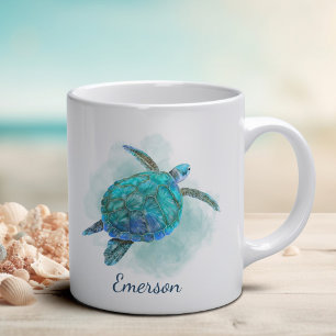 Mug Aquarelle de tortue marine Aqua Blue Personnalisé