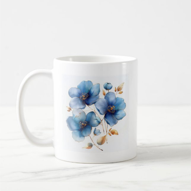 Mug Aquarelle délicate bleu azur et fleurs d'or (Gauche)