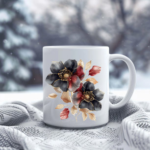 Mug Aquarelle délicate or noir & fleurs bordeaux