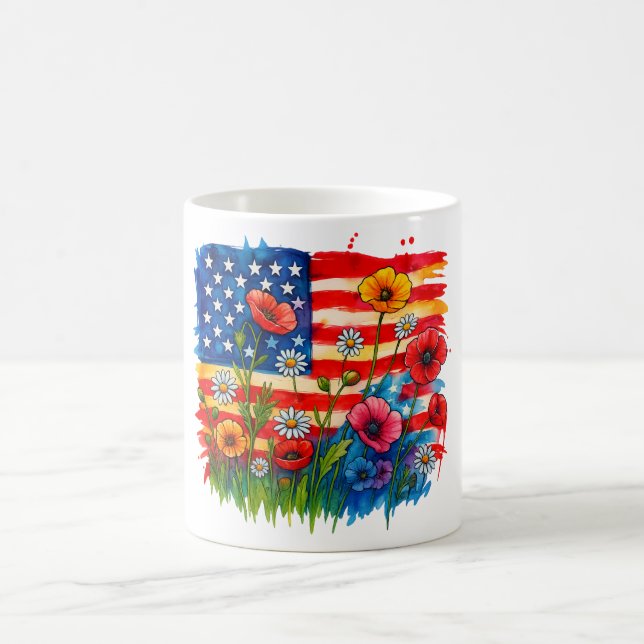 Mug Aquarelle drapeau américain & Fleur sauvage - Patr (Centre)