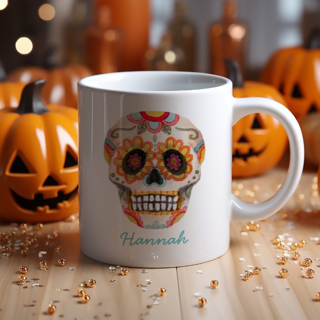 Mug Aquarelle du crâne sucre Halloween Monogramme (Unveiling the Monogram Watercolor Sugar Skull Halloween Mug is a must-have)