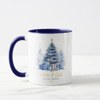 Mug Aquarelle Élégant Notre Premier Noël Arbre Bleu