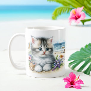 Mug Aquarelle été Kitten sur la plage