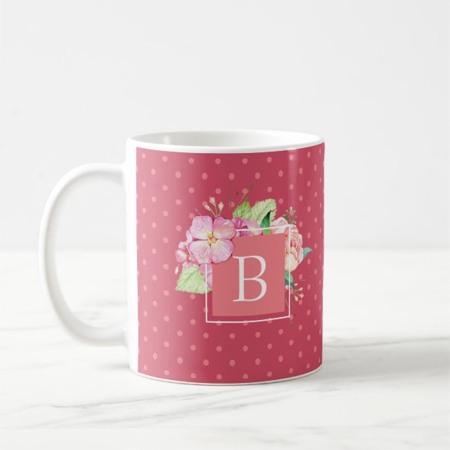 Mug Aquarelle féminine Monogramme floral rose initial (Gauche)