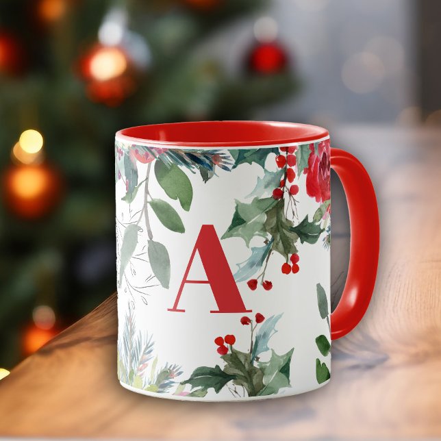Mug Aquarelle Fleur de Noël élégant monogramme rouge (Créateur téléchargé)