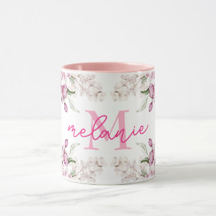Mug Aquarelle Fleur Pivoine Pivoines Roses Nom Monogra