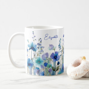 Mug Aquarelle Fleur Sauvage Bleue Floral Nom Personnal