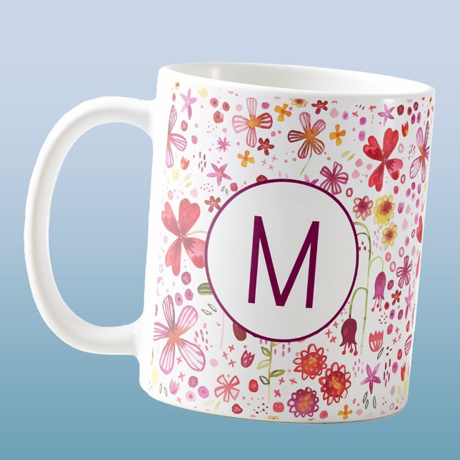 Mug Aquarelle Fleur sauvage initiale de Monogramme mod (Personalized monogram initial watercolor wildflower botanical floral coffee mug)