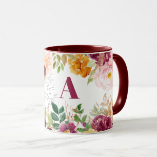 Mug Aquarelle fleurie classe élégant monogramme bordea
