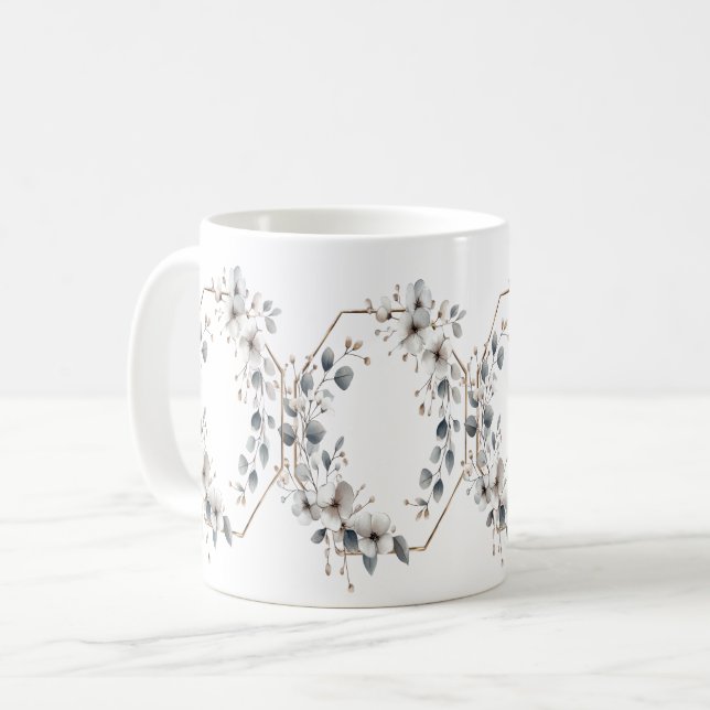Mug Aquarelle Fleurs blanches Cadre doré Argent Turquo (Devant gauche)
