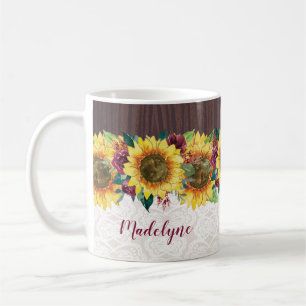 Mug Aquarelle Fleurs de soleil dentelle Bois Nom rusti