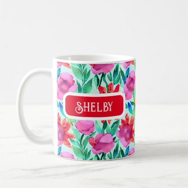 Mug Aquarelle Fleurs en Turquoise, rouge et rose (Gauche)