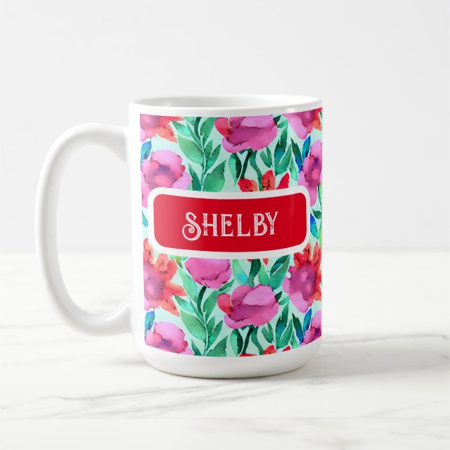 Mug Aquarelle Fleurs en Turquoise, rouge et rose (Gauche)