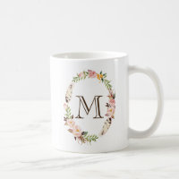 Aquarelle Fleurs et plumes Boho Wreath Monogramme
