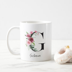Mug Aquarelle Fleurs Monogramme G Nom personnalisé