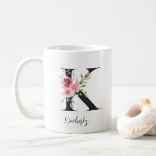 Mug Aquarelle Fleurs Monogramme K Nom personnalisé