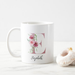 Mug Aquarelle Fleurs Monogramme Rose E Nom personnalis