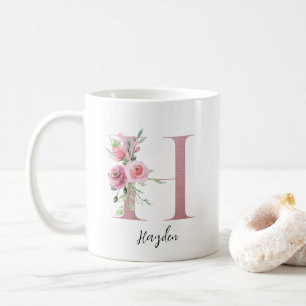 Mug Aquarelle Fleurs Monogramme Rose H Nom personnalis