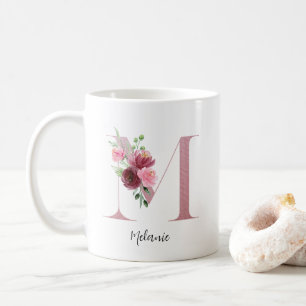 Mug Aquarelle Fleurs Monogramme Rose M Nom personnalis