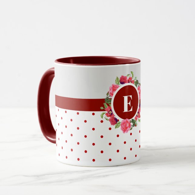 Mug Aquarelle Fleurs rouges et roses Cercle de couronn (Devant gauche)