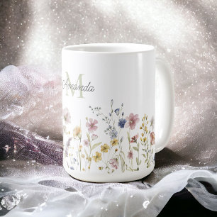 Mug Aquarelle Fleurs sauvages Boho élégant avec Monogr